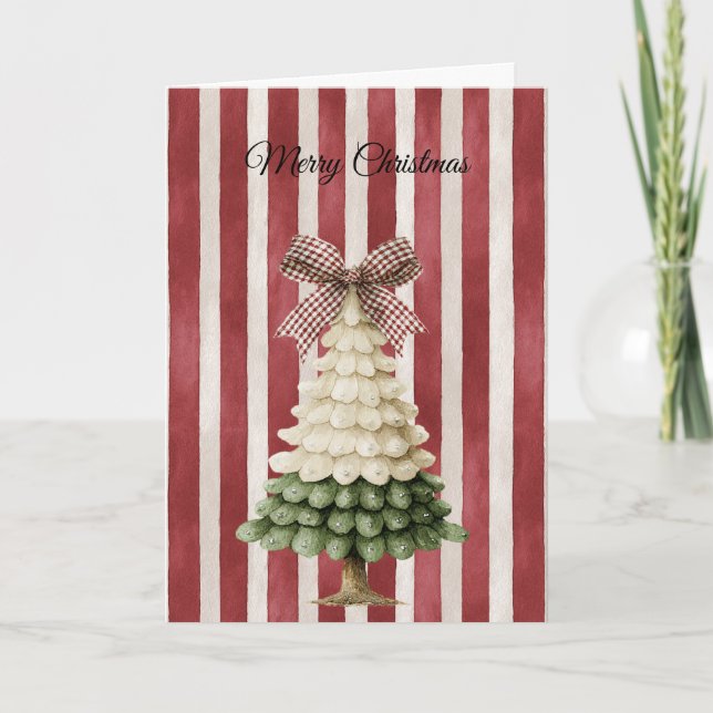 Tarjeta Red Bow Stripes Christmas Green Cream Tree (Anverso)