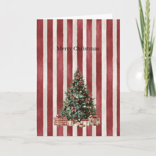 Tarjeta Red Cream Stripes Christmas Tree (Anverso)