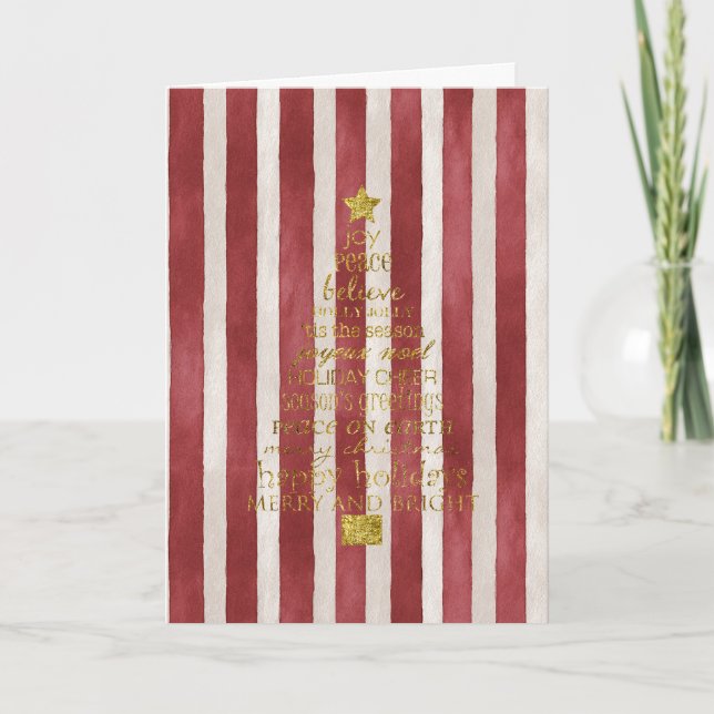 Tarjeta Red Cream Stripes Gold Merry Christmas Tree (Anverso)