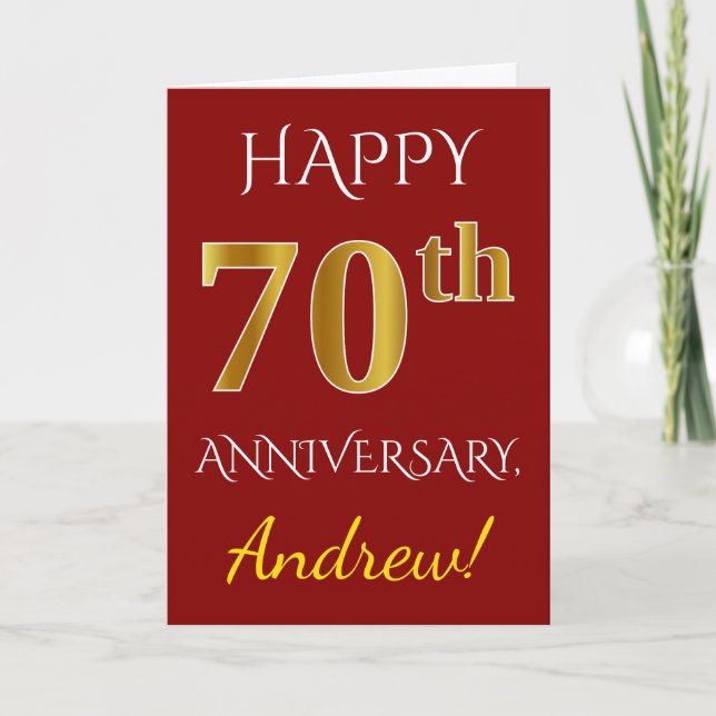 Tarjeta Red, Faux Gold 70° aniversario de Boda + nombre (Anverso)