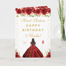 Tarjeta Red Floral Dark Skin Girl Sweet Sixteen