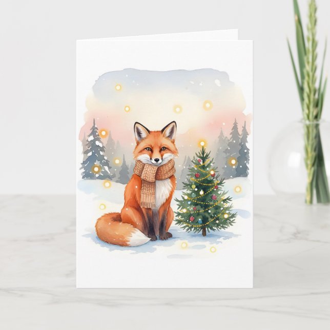 Tarjeta Red Fox with Brown Scarf and Christmas Tree (Anverso)