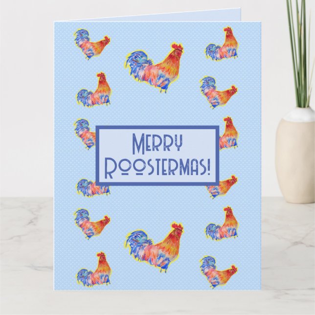 Tarjeta Red Funny Rooster Cockerel Blue Navidades Card (Anverso)