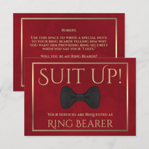Tarjeta Red & Gold Be My Ring Bearer Fun Bow Tie