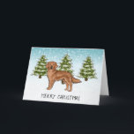 Tarjeta Red Golden Retriever Dog Winter Feliz Navidad<br><div class="desc">El personalizado original de Destei ilustracion de un lindo caoba color rojo o marrón rojizo de la raza Golden Retriever perro. El perro es colocado en una escena invernal con tres abetos verdes y la caída de la nieve. El fondo es un degradado de azul a blanco que da al...</div>