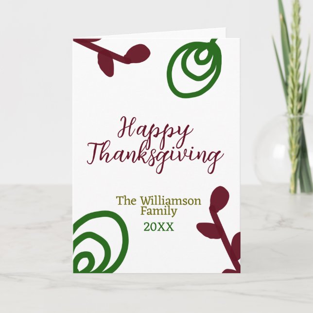 Tarjeta Red green happy Thanksgiving floral leaf fall (Anverso)
