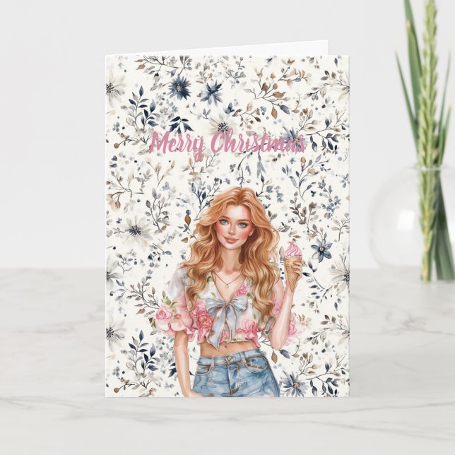 Tarjeta Red Hair Girl Blue Floral Christmas (Anverso)