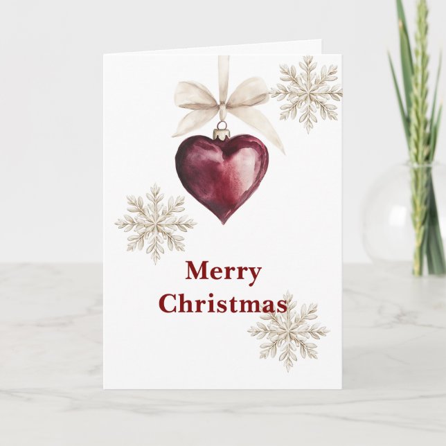 Tarjeta Red Heart Ornament Cream Bow Snowflakes Christmas (Anverso)