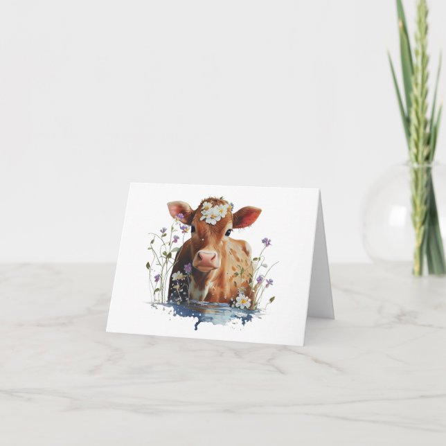 Tarjeta Red Heifer (vaca) con flores BLANK (Anverso)