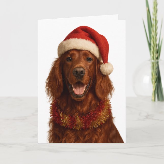 Tarjeta Red / Irish Setter in a Santa hat Christmas card (Anverso)