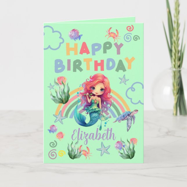 Tarjeta Red Mermaid Birthday Card in Green (Anverso)