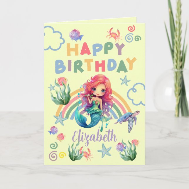Tarjeta Red Mermaid Birthday Card in Yellow (Anverso)
