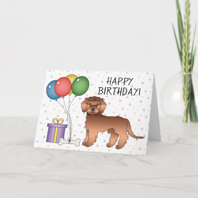 Tarjeta Red Mini Goldendoodle Cartoon Dog Happy Birday (Anverso)