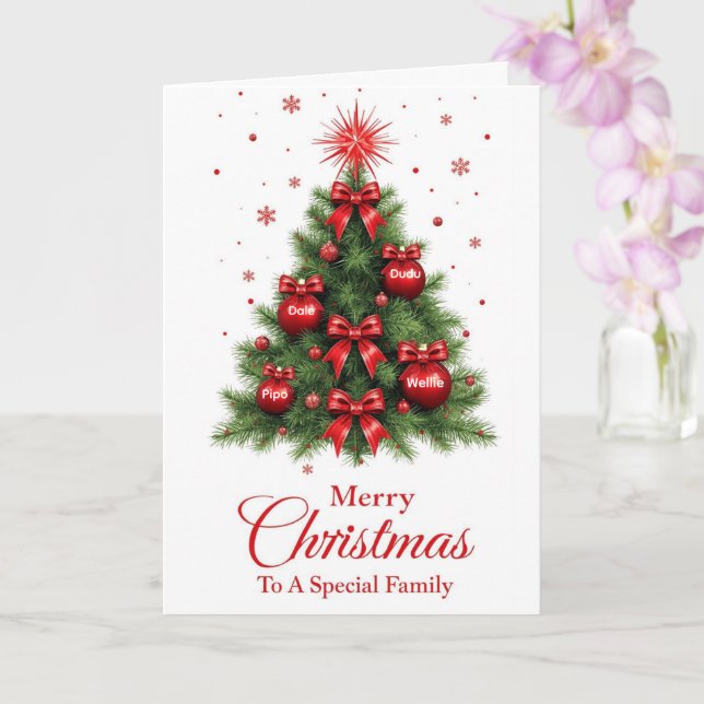 Tarjeta Red Ornament Tree Christmas Card – Family (Orquídea)