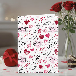 Tarjeta Red Pink Doodle Hearts Pattern Valentine's Day