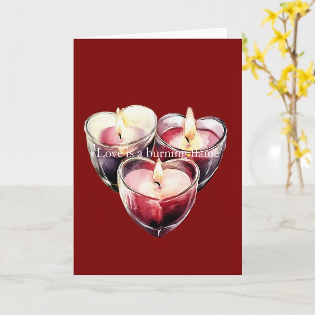 Tarjeta Red Pink Heart Candles Love is a flame (flor amarilla)