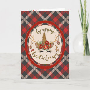 Tarjeta Red Plaid y Woodland Unicornio con Antlers