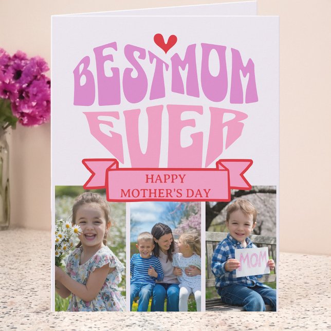 Tarjeta Red Rosa Retro Multifoto Mejor Día de la Madre (Retro Best Mom Ever Multi Photo Mother's Day Card by Darling & May)