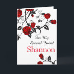 Tarjeta Red Rose Print Custom Name Birday Card-Friend<br><div class="desc">Imaginen esta preciosa tarjeta de cumpleaños impresa con rosas rojas que está siendo abierta por tu Amigo especial con su nombre personalizado. Saludo impreso en el interior deseando al destinatario un feliz cumpleaños . Personalizar su nombre eligiendo el menú a la derecha, haga clic en "Debbie" y cambie el texto....</div>