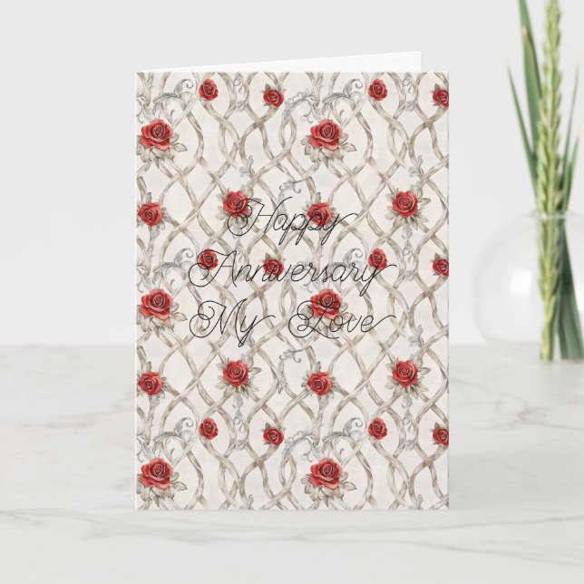 Tarjeta Red Roses Faux Wood Floral Anniversary (Anverso)