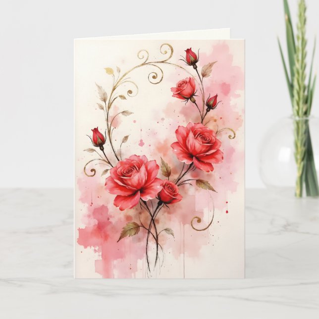 Tarjeta Red Roses on Pink Watercolor Wash Anniversary (Anverso)