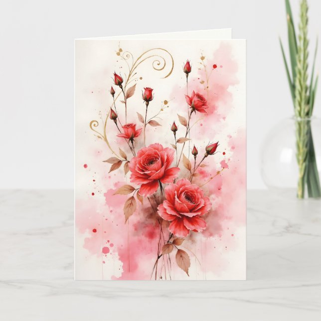 Tarjeta Red Roses Watercolor Anniversary Valentine's Day (Anverso)