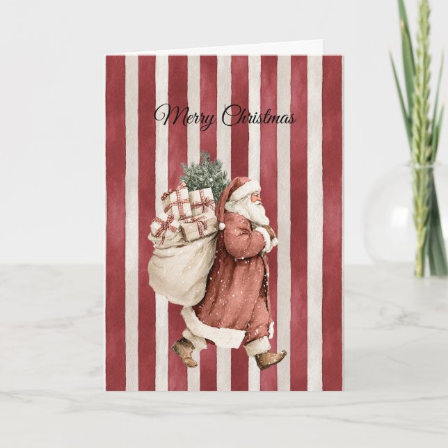 Tarjeta Red Stripes Christmas Santa Bag of Gifts (Anverso)