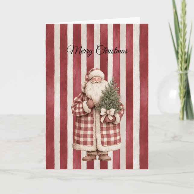 Tarjeta Red Stripes Christmas Santa with Tree (Anverso)