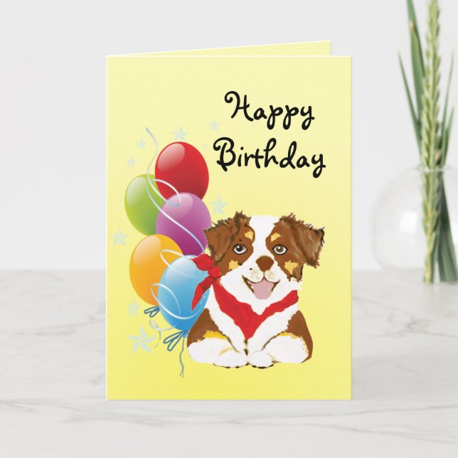 Tarjeta Red Tri Aussie Puppy Feliz cumpleaños (Anverso)