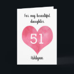 Tarjeta Red Watercolor Heart 51st Birthday Card<br><div class="desc">Ared watercolor heart 51st birthday card, which you can easily personalize with her age and name on the front of this birthday card. You will also be able to edit the inside card message if wanted. This personalized 51st birthday card would make a wonderful card keepsake for wife, daughter, sister...</div>