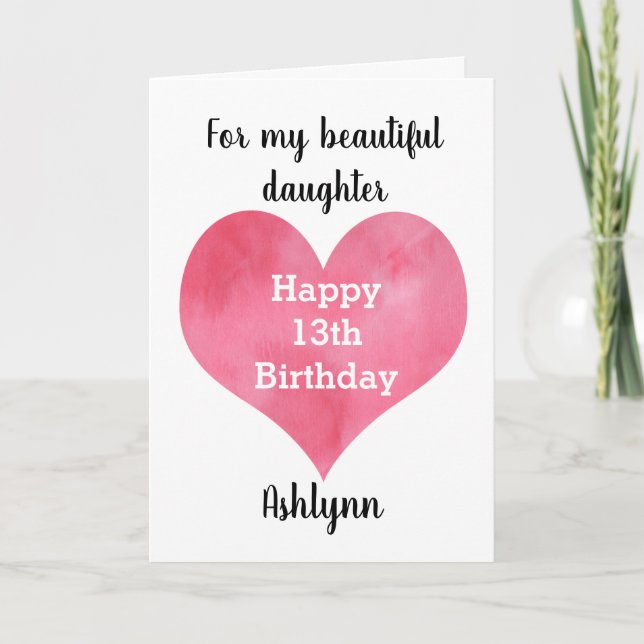 Tarjeta Red Watercolor Heart Happy 13th Birthday Card (Anverso)