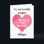 Tarjeta Red Watercolor Heart Happy 13th Birthday Card<br><div class="desc">Una tarjeta hija feliz de 13 años que cuenta con un corazón acuarela,  que puedes personalizar debajo con su nombre. En el interior de esta tarjeta de 13 años se lee un dulce sentimiento para tu hija.</div>