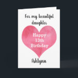 Tarjeta Red Watercolor Heart Happy 13th Birthday Card<br><div class="desc">Una tarjeta hija feliz de 13 años que cuenta con un corazón acuarela,  que puedes personalizar debajo con su nombre. En el interior de esta tarjeta de 13 años se lee un dulce sentimiento para tu hija.</div>