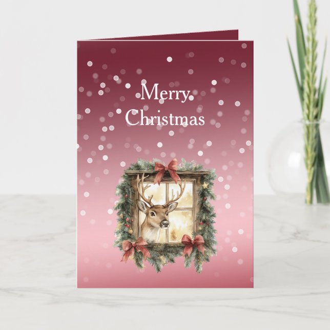 Tarjeta Red White Bokeh Dots Christmas Deer in Window (Anverso)