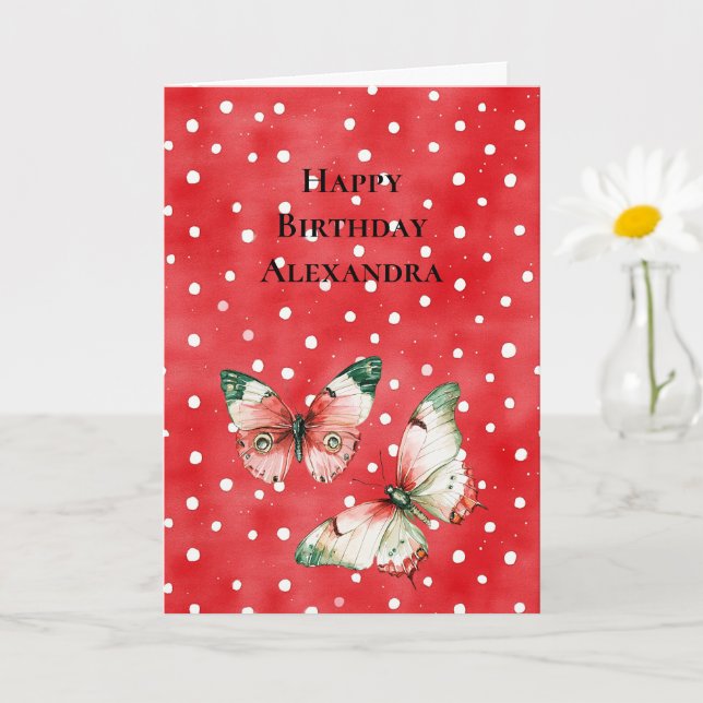 Tarjeta Red White Dots Red Green Butterflies Birthday (Planta pequeña)
