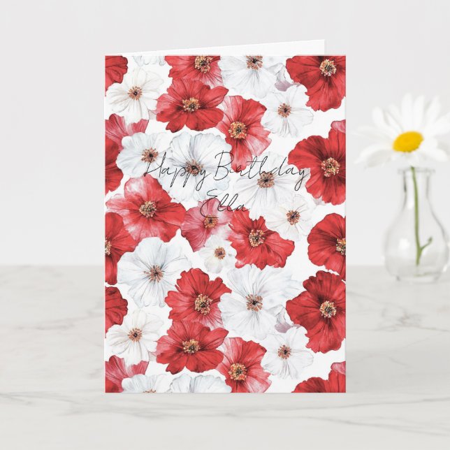 Tarjeta Red White Flowers Birthday (Planta pequeña)