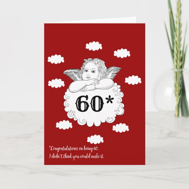 Tarjeta Red White Funny Cheeky Cherub Angel cumpleaños 60 (Anverso)