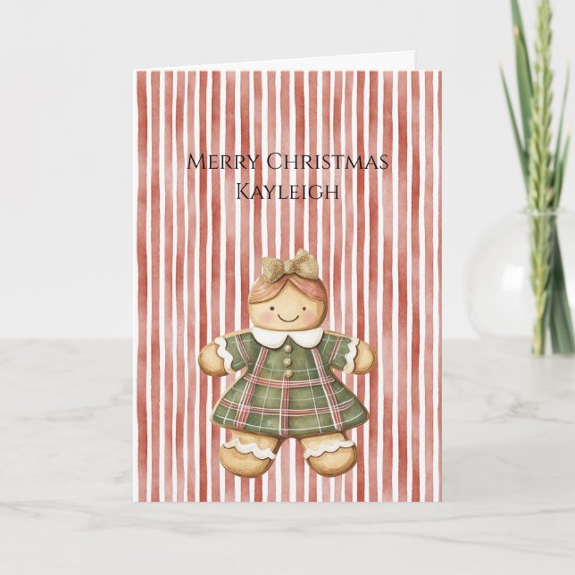 Tarjeta Red White Stripes Christmas Gingerbread Girl (Anverso)