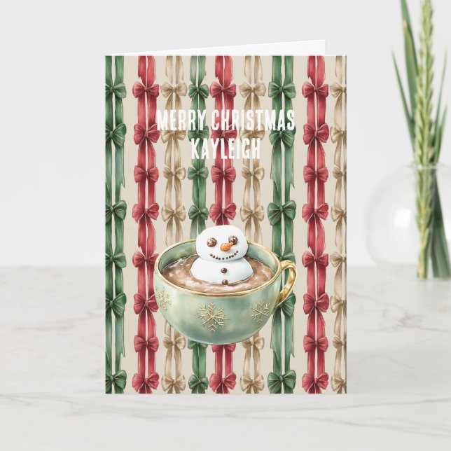 Tarjeta Red White Stripes Christmas Ribbons Snowman (Anverso)