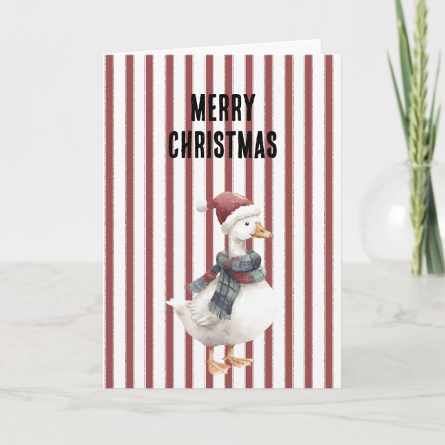 Tarjeta Red White Stripes Goose with Santa Hat Christmas (Anverso)