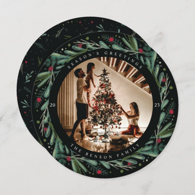 Tarjeta Redonda de Hojas de Corona Navideña Festiv (Anverso / Reverso)