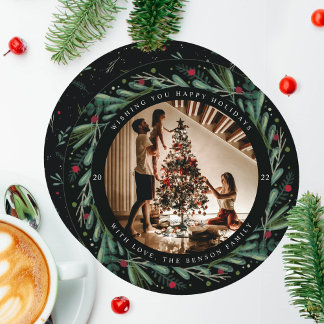 Tarjeta Redonda de Hojas de Guirnalda Festiva de D