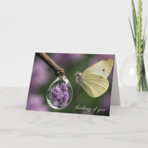 Tarjeta Reflejo de mariposa y flor de lila en gota de lluv