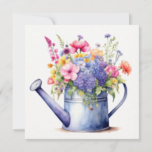 Tarjeta Regadera de acuarela y flores de verano