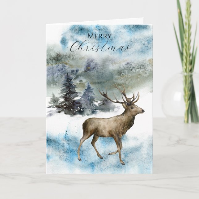 Tarjeta Regal Deer en una nevada carta de Navidades de Woo (Anverso)