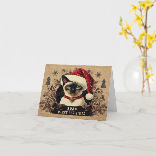 Tarjeta Regal gato siamés, bienvenida a Santa Kitten (flor amarilla)