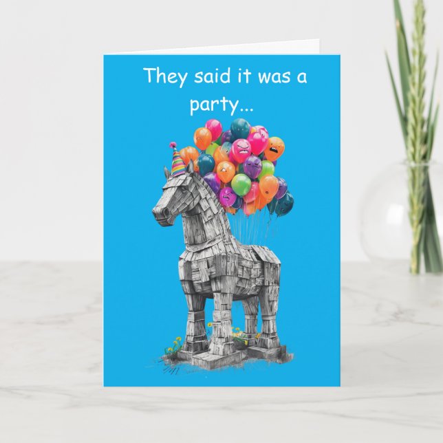Tarjeta Regalo de cumpleaños divertido con Caballo de Troy (Anverso)