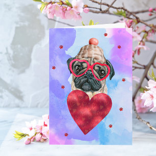 Tarjeta Regalo de San Valentín para perro Pug Morado Azul