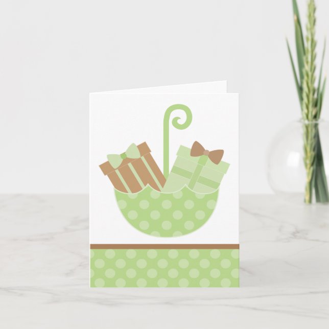 Tarjeta Regalos de bebé verde en paraguas (Anverso)