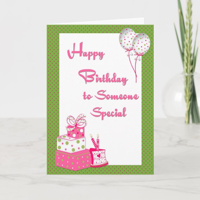 Tarjeta Regalos de cumpleaños con puntos rosas y verdes de (Anverso)